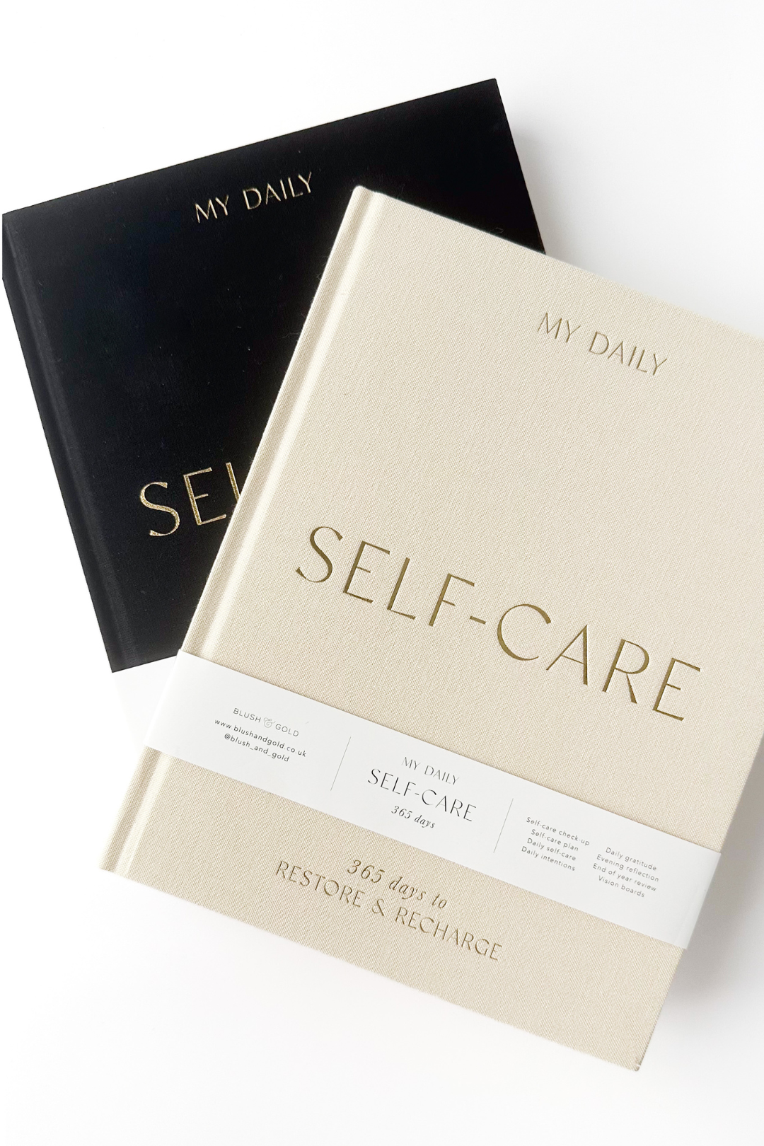 Self-care reflection journal featuring prompts for daily reflection and self-awareness, helping you nurture well-being and personal growth. This journal is sold at Blackbird Designs and made by Blush and Gold Journals.