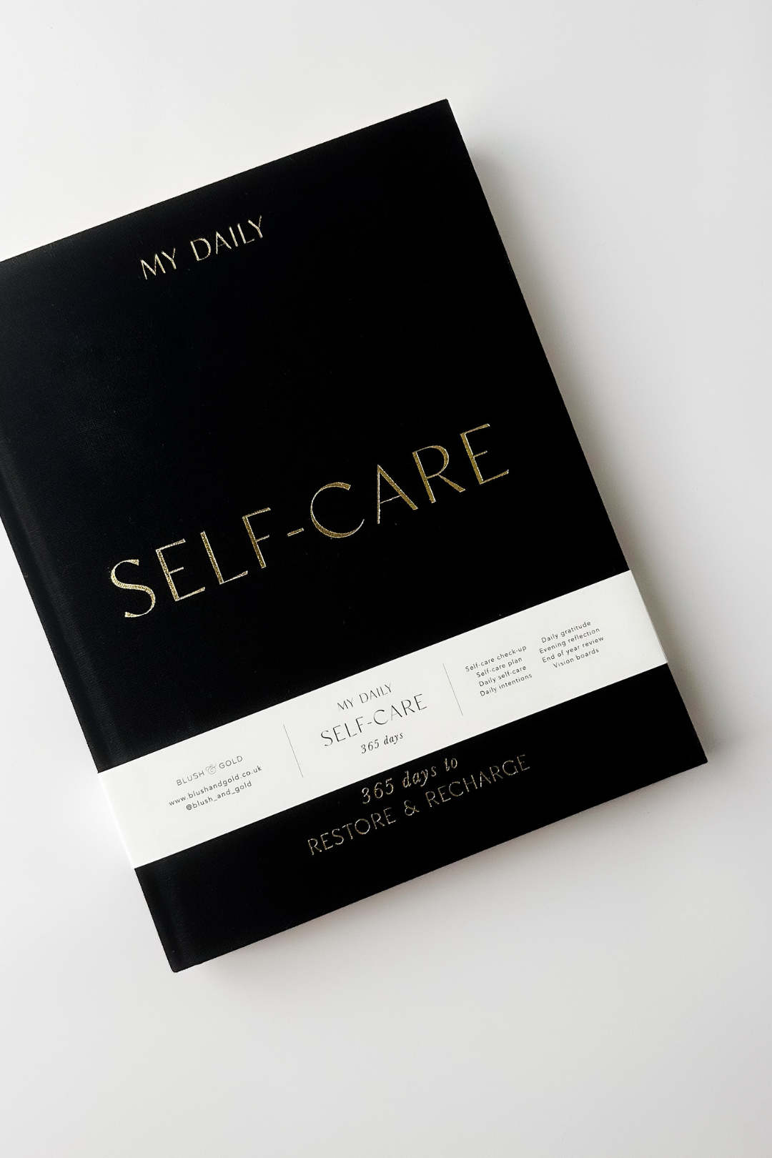 Self-care reflection journal featuring prompts for daily reflection and self-awareness, helping you nurture well-being and personal growth. This journal is sold at Blackbird Designs and made by Blush and Gold Journals.