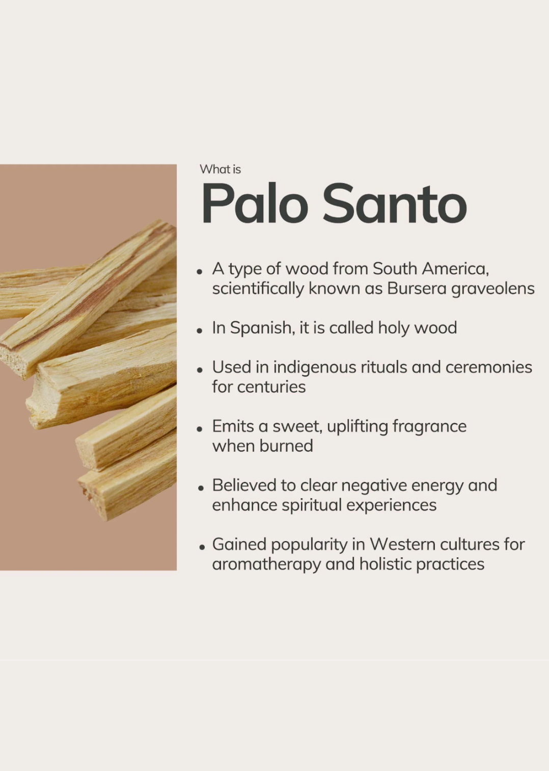 Photo showing the benefits of the Palo Santo sticks, perfect for smudging rituals and creating a peaceful atmosphere