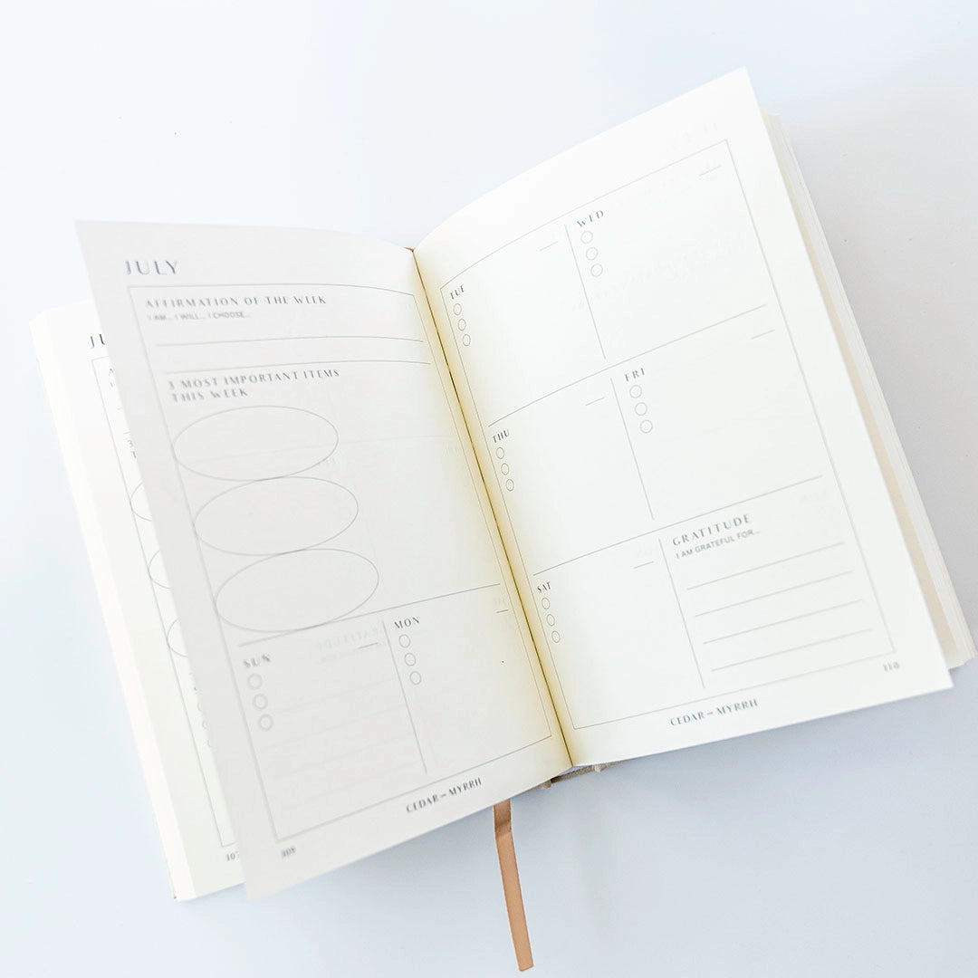 Living with Intent Journal featuring guided prompts for mindfulness, self-reflection, goal-setting, and daily habit tracking for a purposeful and intentional life.