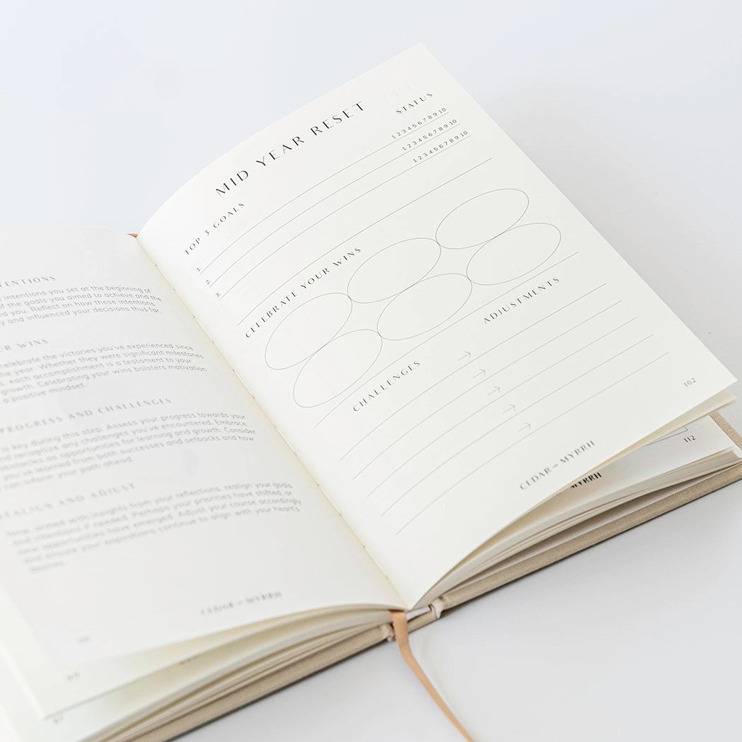 Living with Intent Journal featuring guided prompts for mindfulness, self-reflection, goal-setting, and daily habit tracking for a purposeful and intentional life.