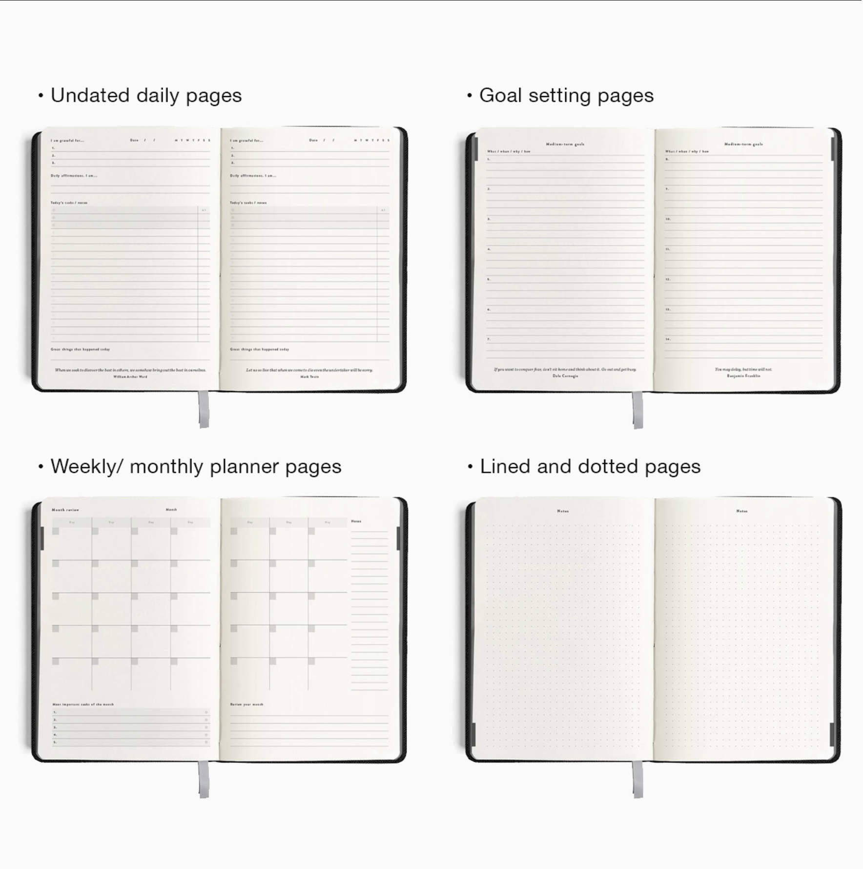 Photo of the flat lays of our minimalist daily goal setter planner with sections for weekly and monthly planner pages, goal setting pages, undated daily pages and lined/dotted pages.