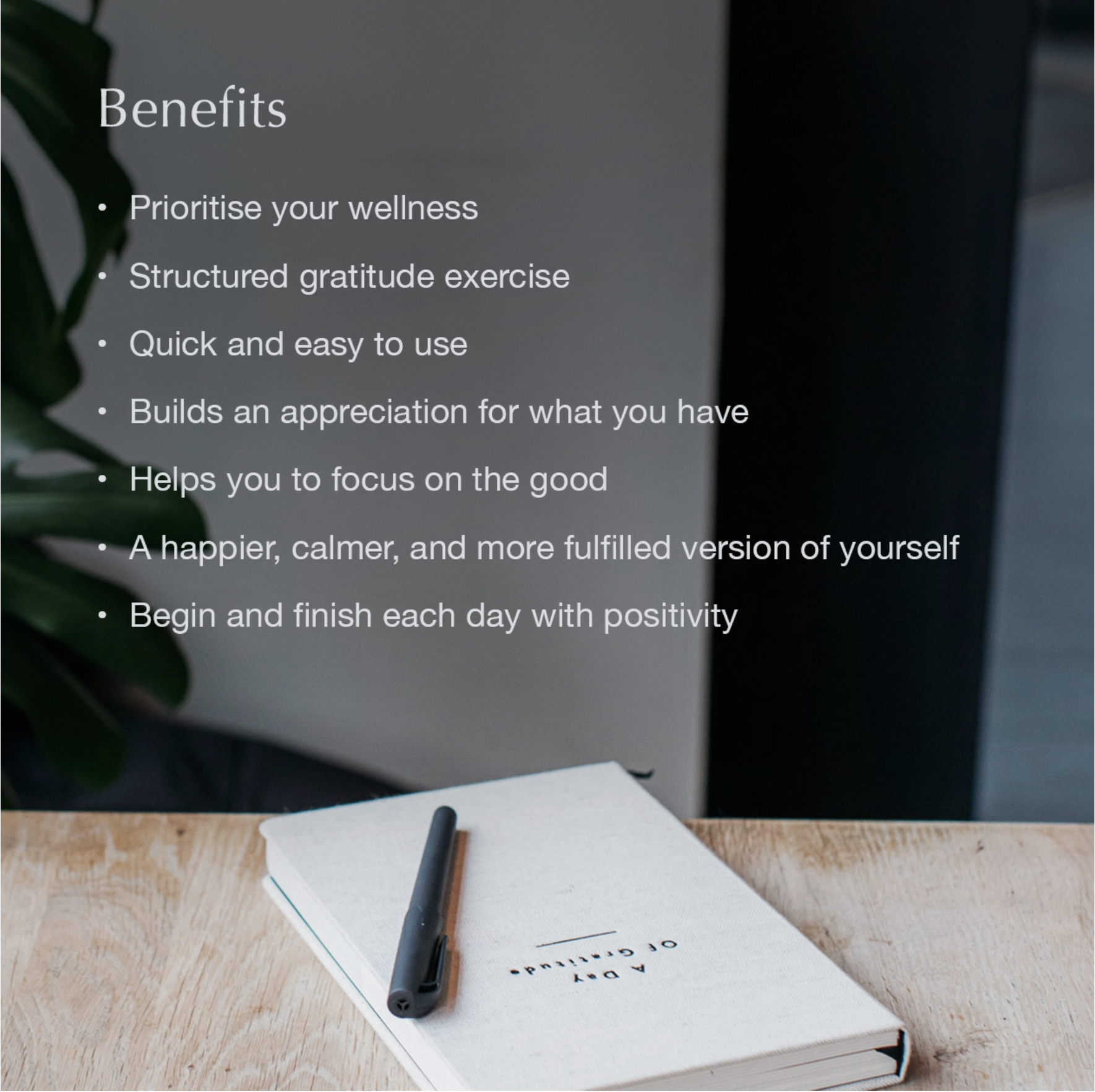 Benefits of Blackbird Design's minimalist gratitude journal with guided prompts for a balanced lifestyle.