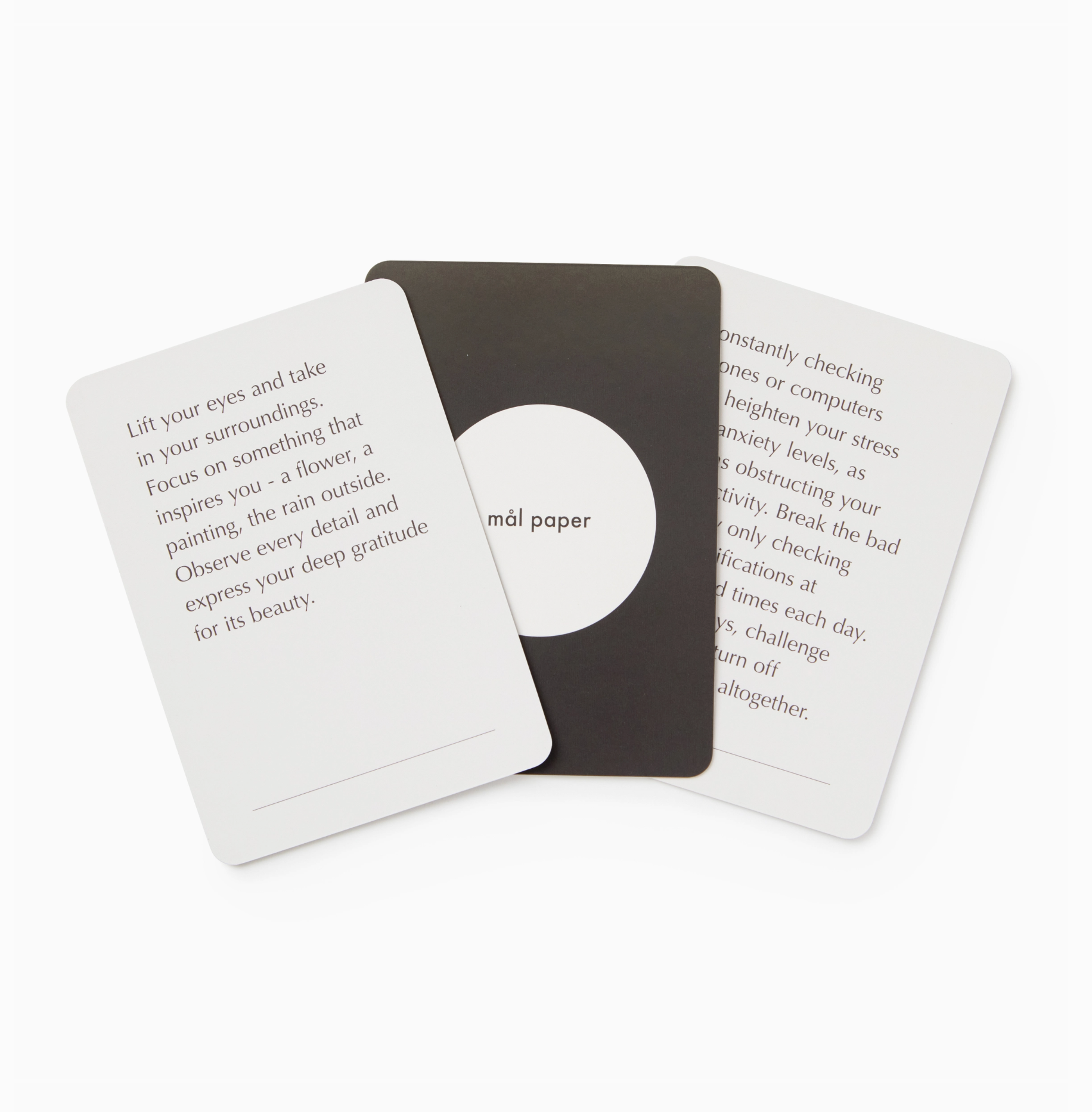 Example prompts of the Minimalist meditation card deck with guided breathing and stress relief techniques.