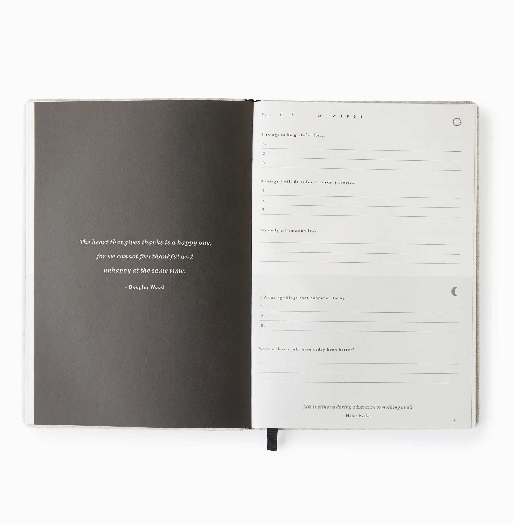 Flat lay of a modern gratitude journal with sections for personal reflection and growth.